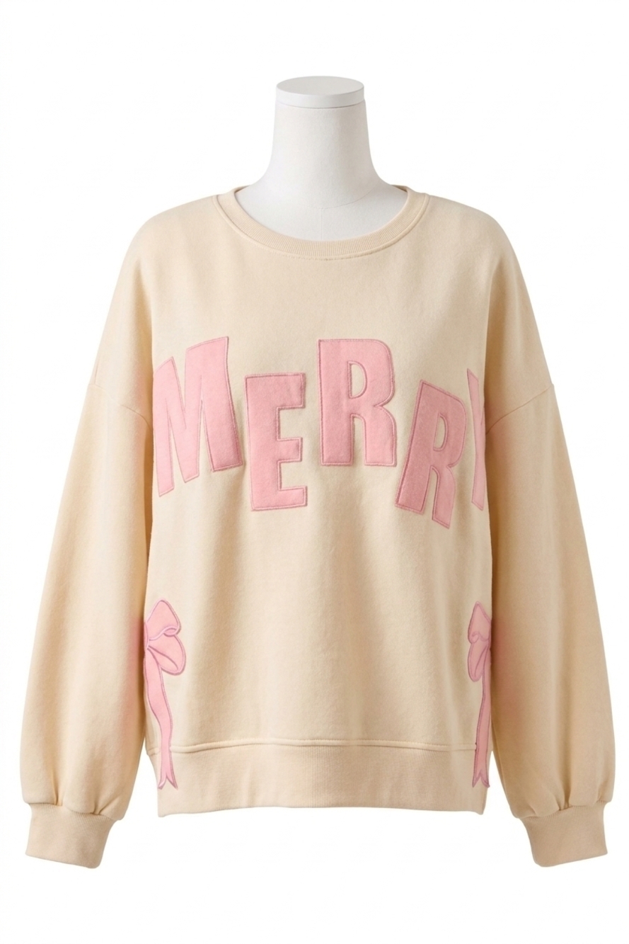 NEW BIBI merry bow fleece sweatshirt in cream